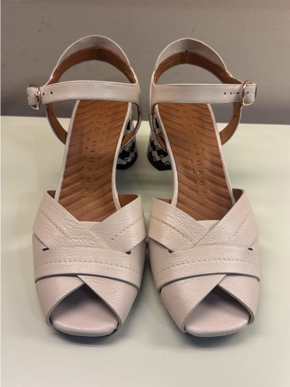 Chie Mihara Cream Leather Ankle-Strap Peep-Toe Heels